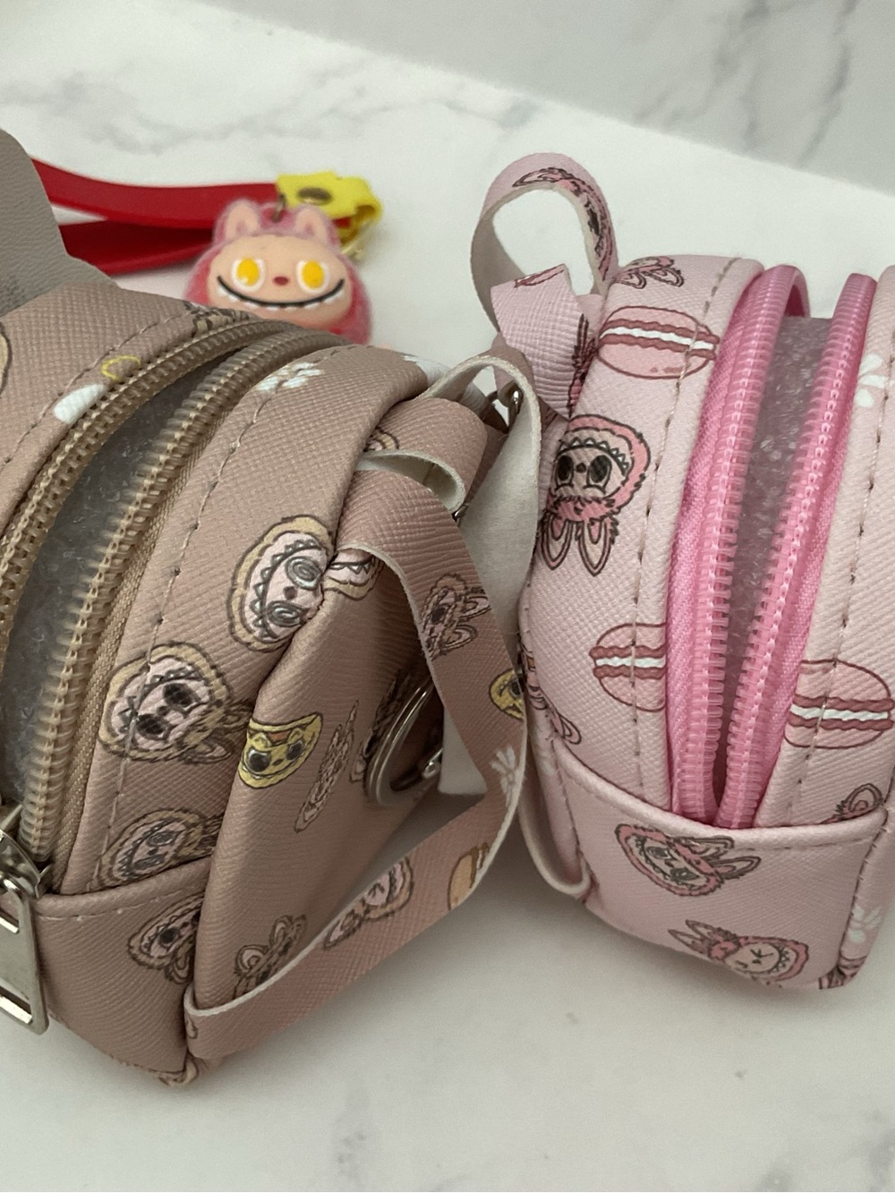 Lot of 2 Labubu Mini Backpack Keychain Charm Pink Girl Tan Boy plus Red Keychain - Picture 4 of 7
